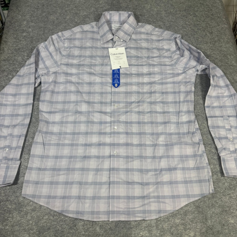 Calvin Klein Mens Regular Fit Wrinkle Free Stretch Plaid Dress Shirt Blue L 16.5